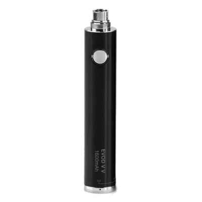 Kangertech EVOD 1600 mAh e-cigaret batteri vist i sort med cylindrisk design og rund tænd/sluk-knap på forsiden.