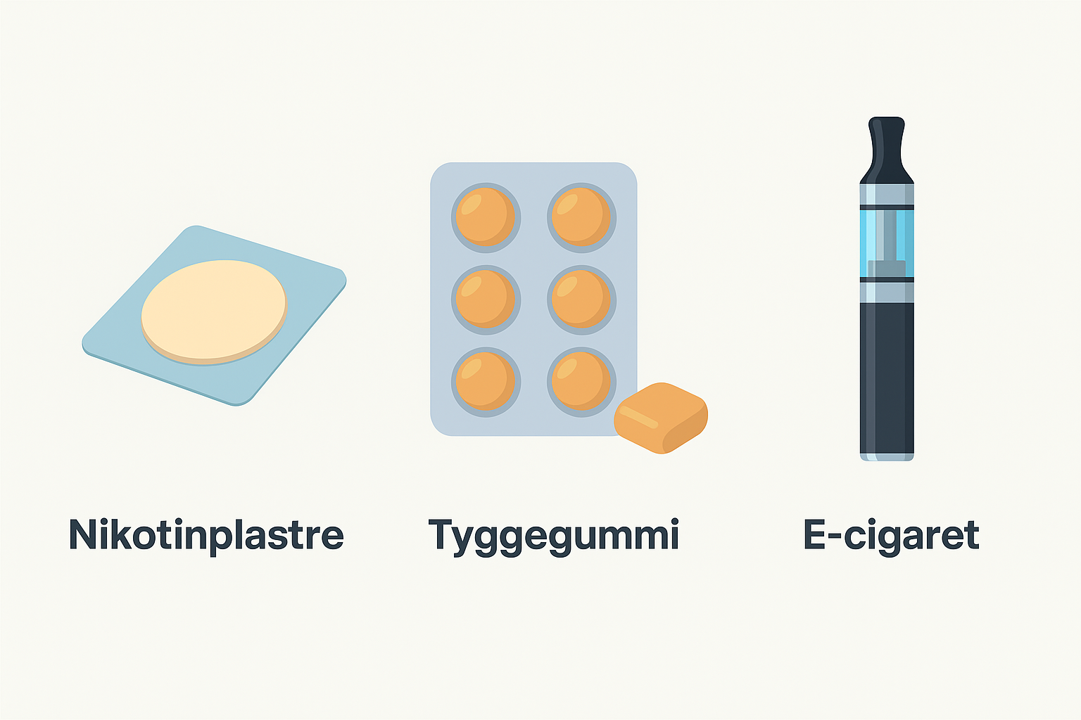 "Illustration af nikotinplastre, tyggegummi og e-cigaret som rygestopmetoder"