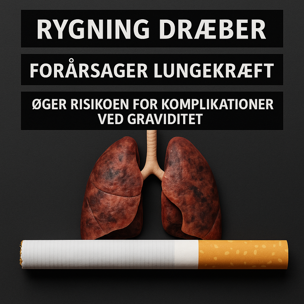 Illustration af cigaret og ødelagte lunger med advarsler om rygnings sundhedsrisici