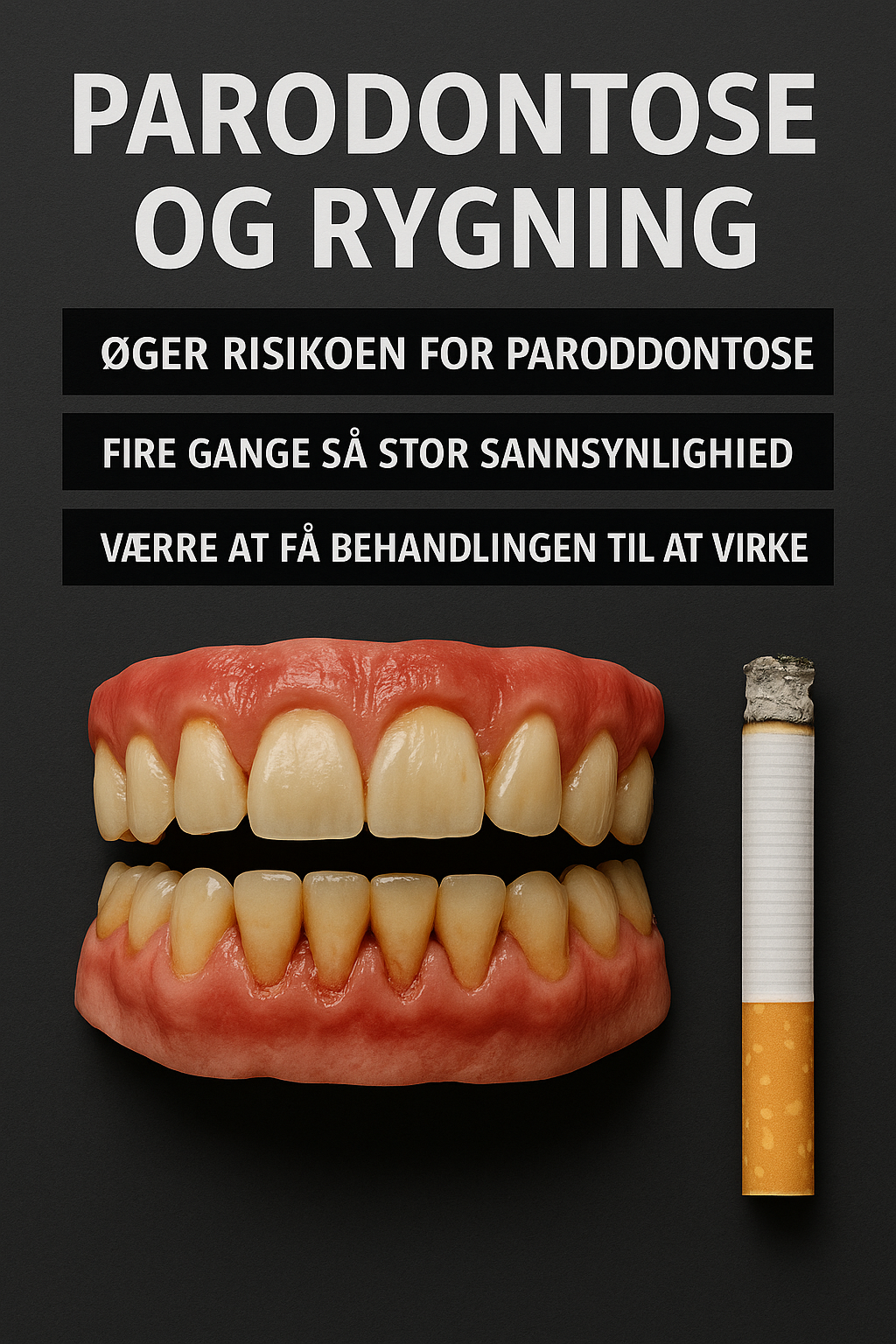 Infografik med betændte tandkød og cigaret, der illustrerer sammenhængen mellem rygning og parodontose