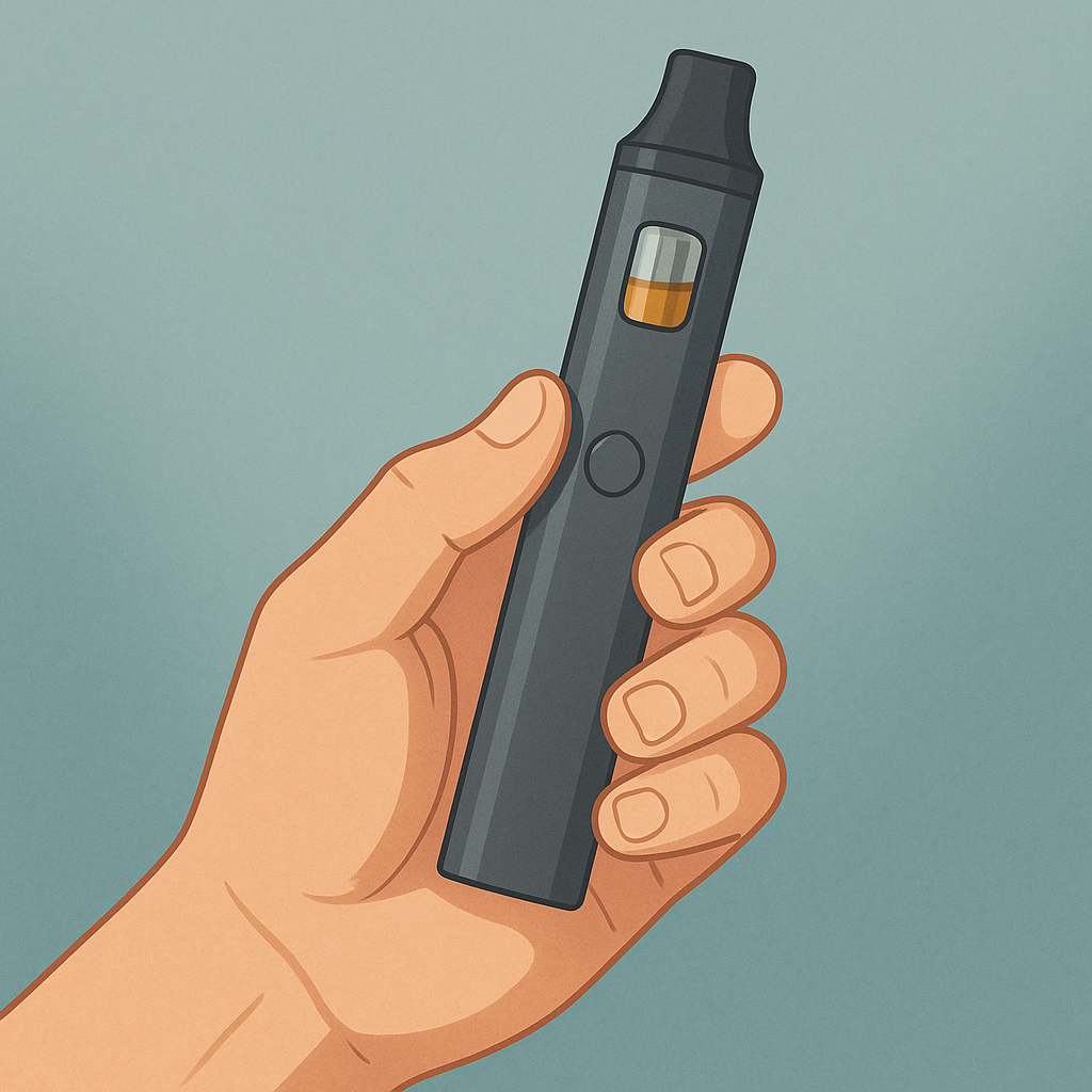 AiO e-cigaret i hånden med finger på power-knap