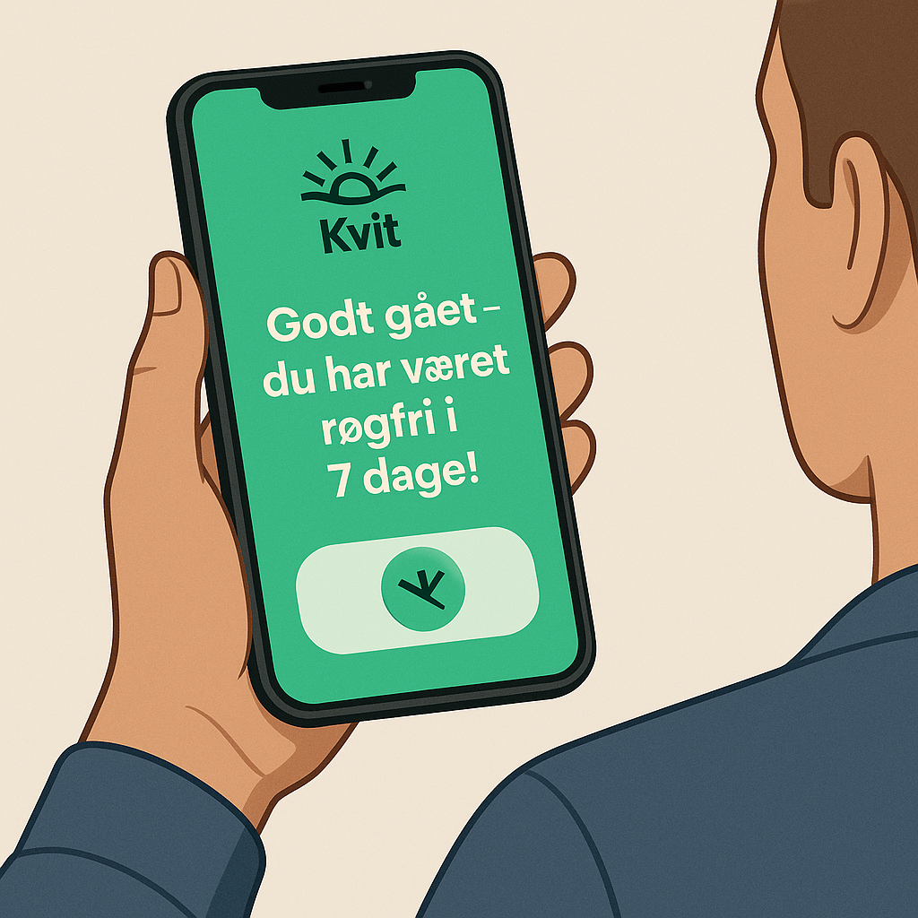 Mobiltelefon med Kvit-appen og besked om at brugeren har været røgfri i 7 dage.